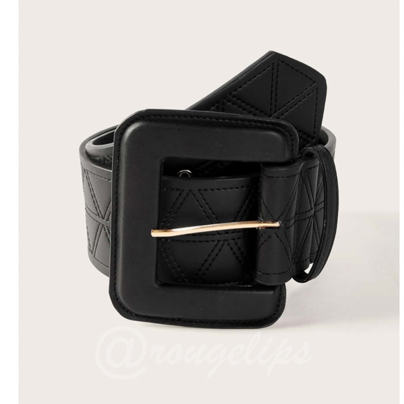 Black Faux  Leather Textured Quilted Belt Squared Buckle - Picture 4 of 10